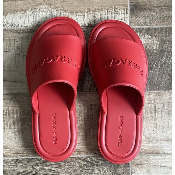$995 NIB Ferragamo Mens Giuneva Logo Red Embossed Slides US Size 12 E main image 5